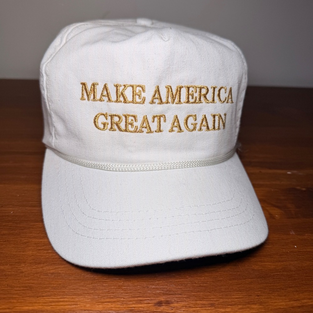 MAGA Hat White Gold Cali-Fame Make America Great Again Rope Snapback USA Made